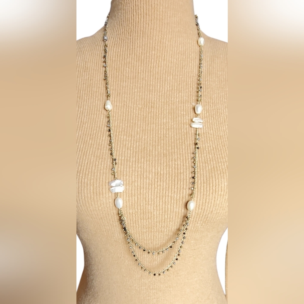 Vtg. Long Chain Pyrite Beads & Natural Pearls Necklace